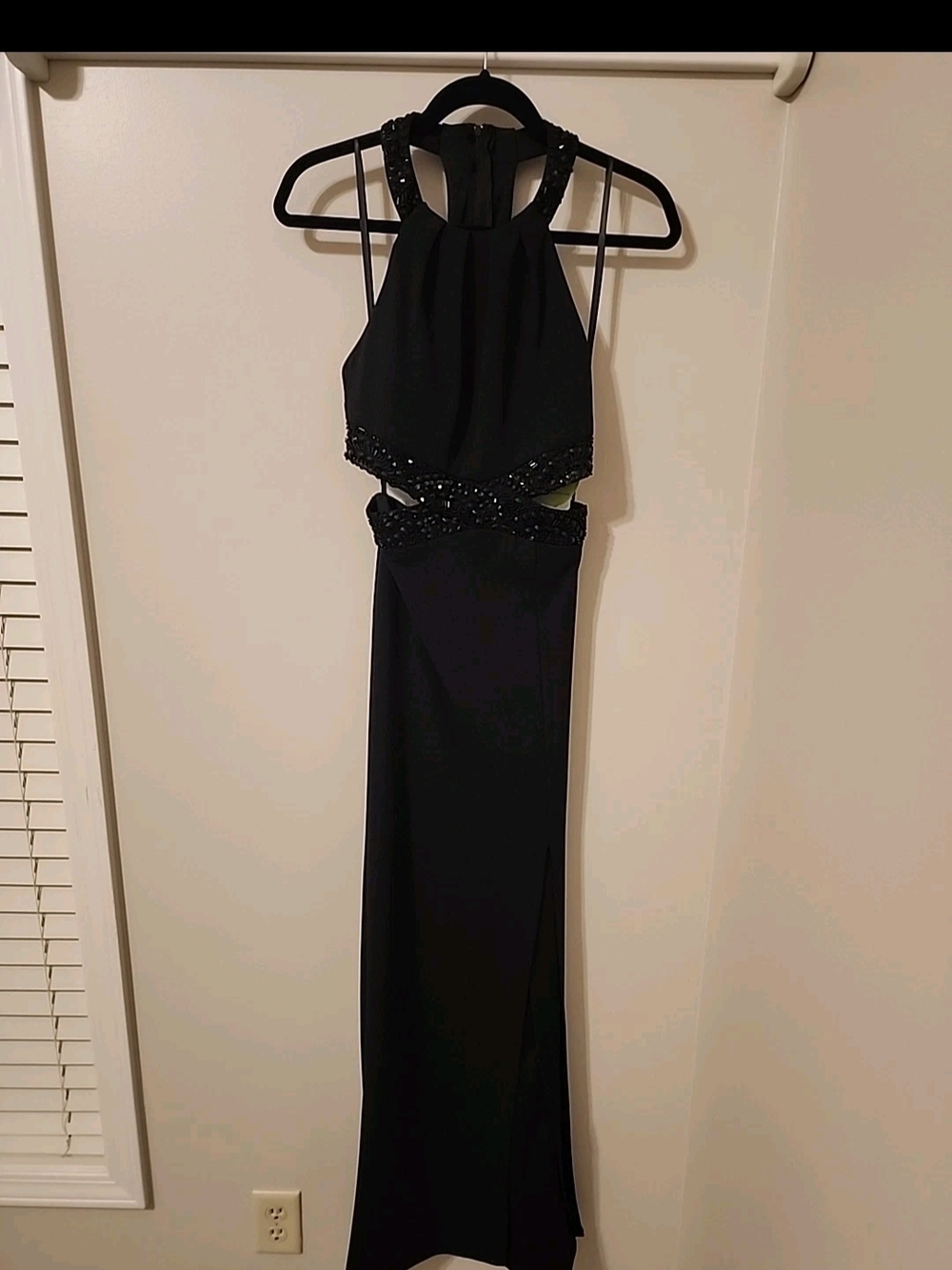 Windsor Black Beaded Cutout Halter Prom Dress